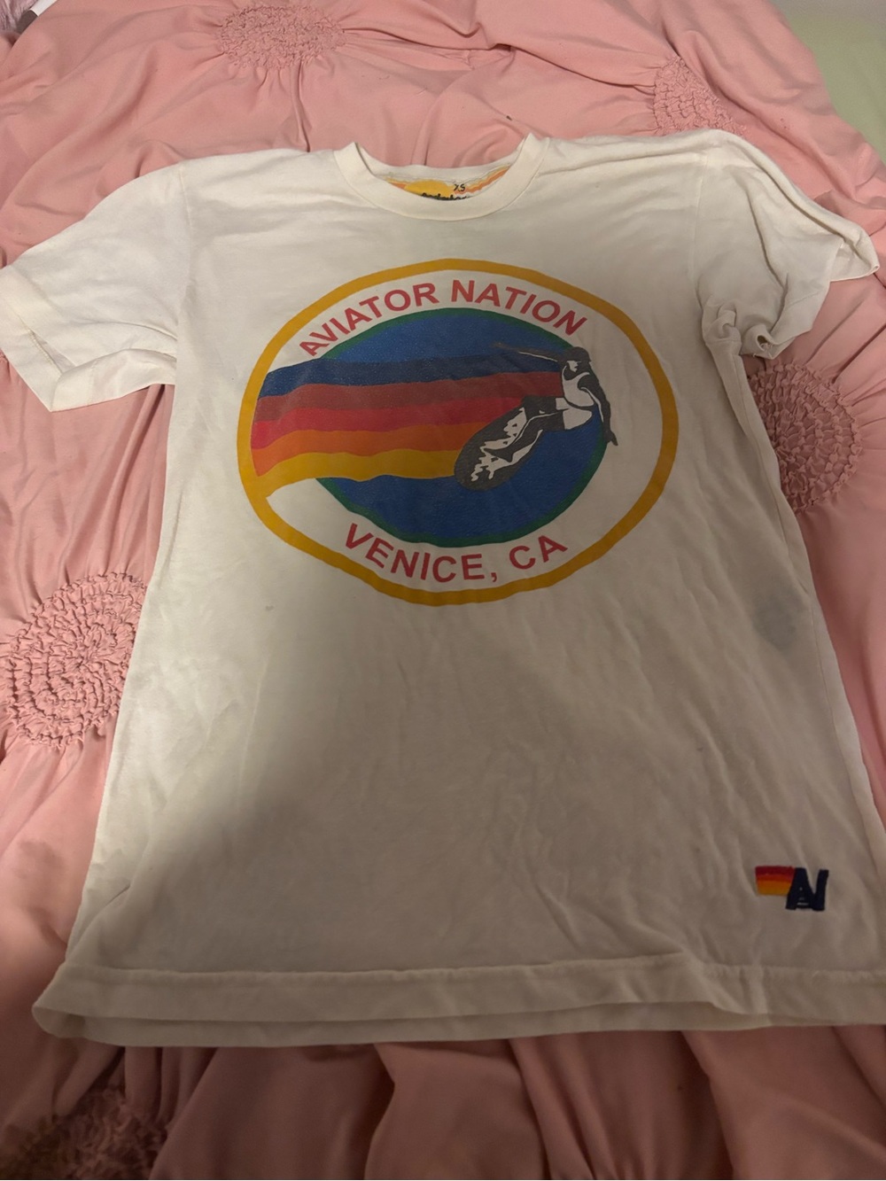 Aviator Nation White Kids Tee with Rainbow Stripe Oval Logo